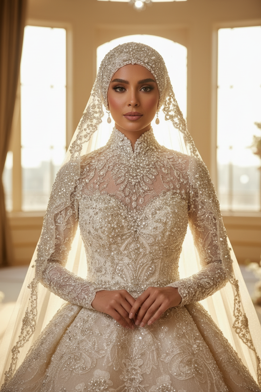 G21-008 Royal Tesettür Couture gelinlik — Kristal İşleme Üst Gövde detay