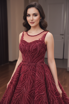 CANX Yakın Çekim - Bordo Kristal Leaf Gelinlik