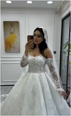 G21-056 Fildişi Prenses Model Dantel gelinlik ve Şapel Kuyruk