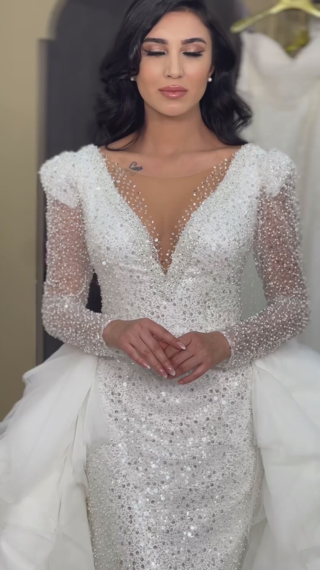 G21-080A - Fildişi Boncuklu Dantel Prenses Model gelinlik