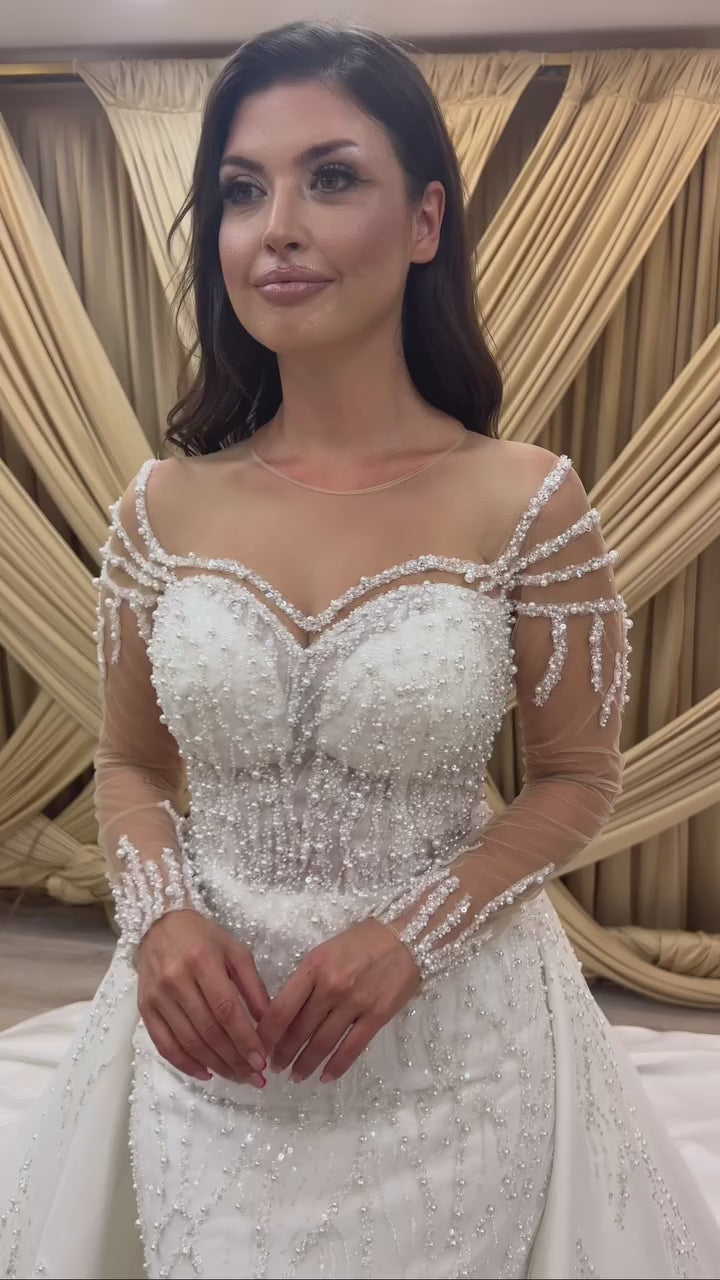 G21-085A - Fildişi Boncuklu Dantel Prenses Model gelinlik