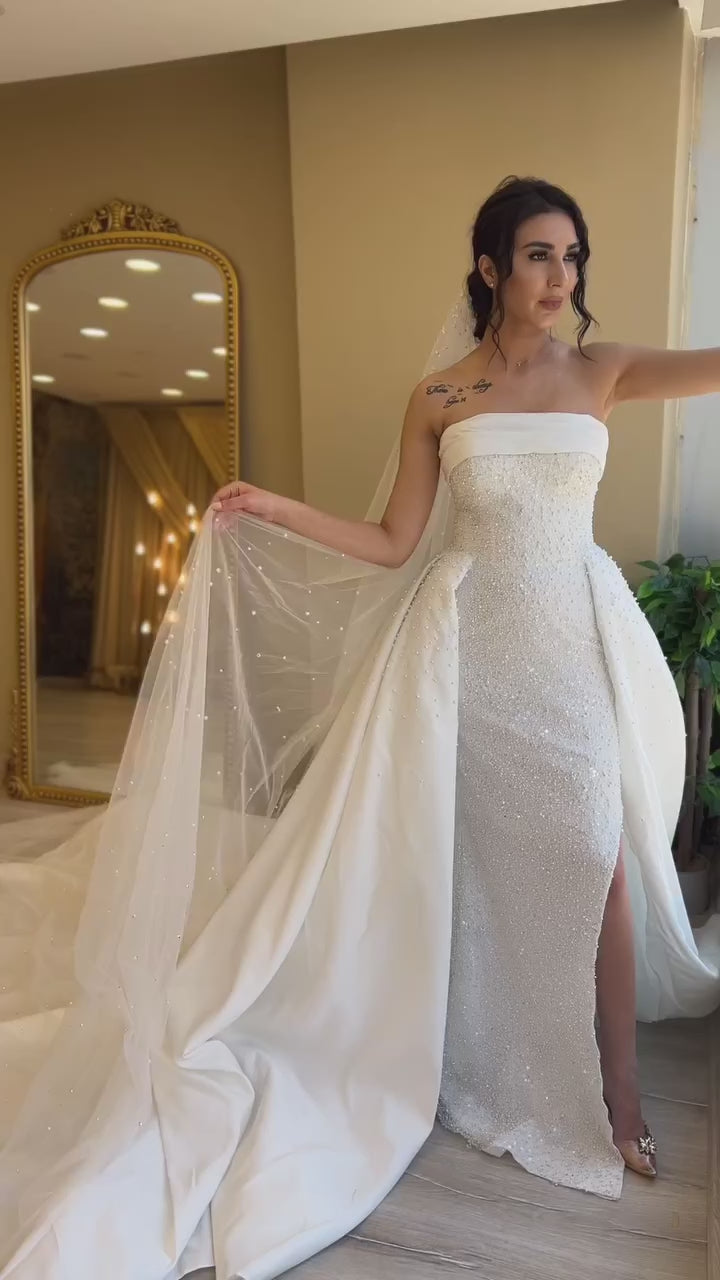 G21-087A - Fildişi Boncuklu Dantel Prenses Model gelinlik