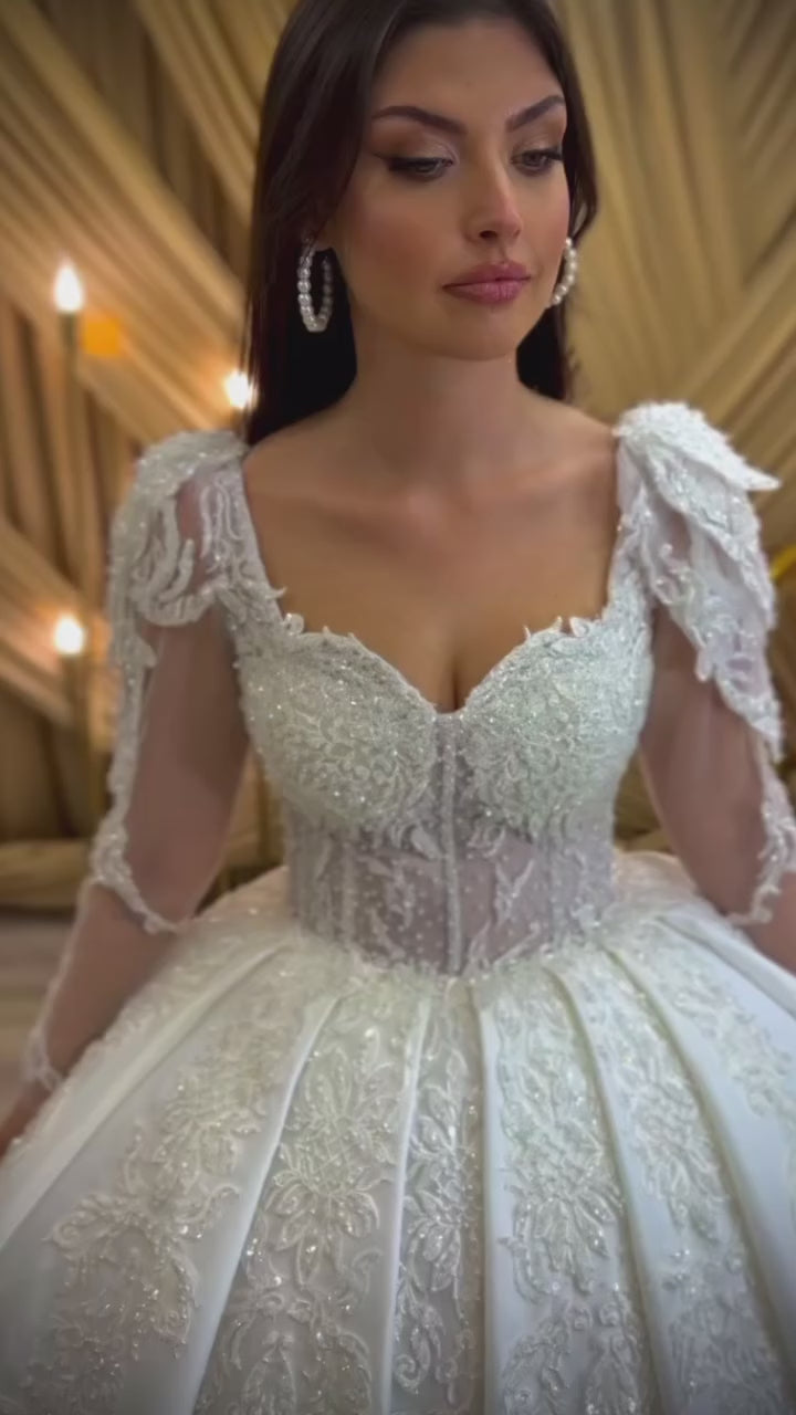 G21-078A - Şampanya Boncuklu Dantel Prenses Model gelinlik