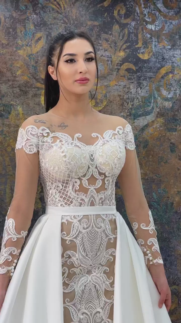 G21-148A - Fildişi Boncuklu Dantel Prenses Model gelinlik