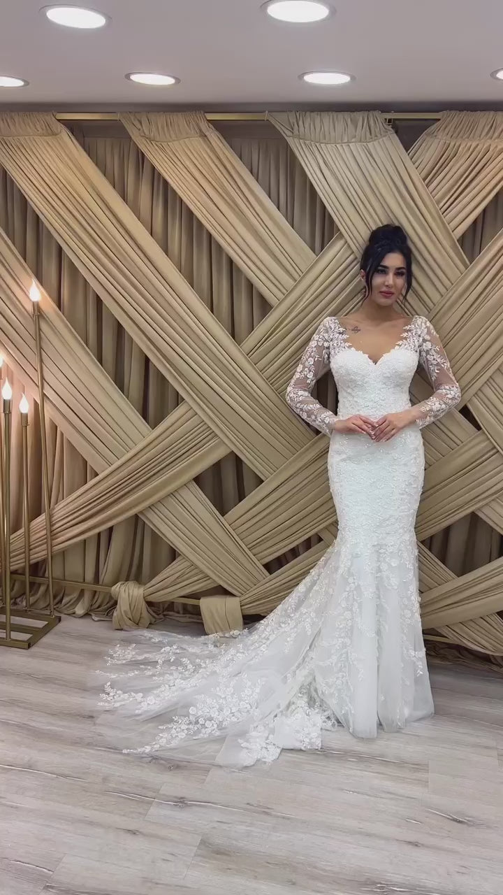 G21-129A - Fildişi Boncuklu Dantel Prenses Model gelinlik