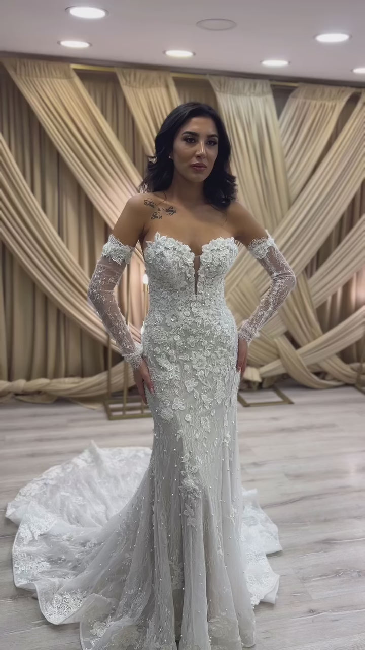 G21-081A - Şampanya Boncuklu Dantel Prenses Model gelinlik