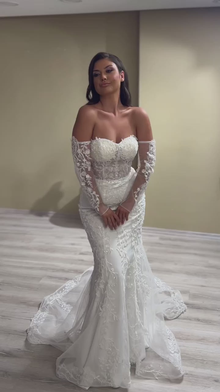 G21-088A - Yumuşak Fildişi Boncuklu Dantel Prenses Model gelinlik